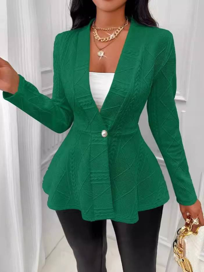 Women's Clothing new casual texture single button green fruit collar long sleeved top jacket_autovado.com