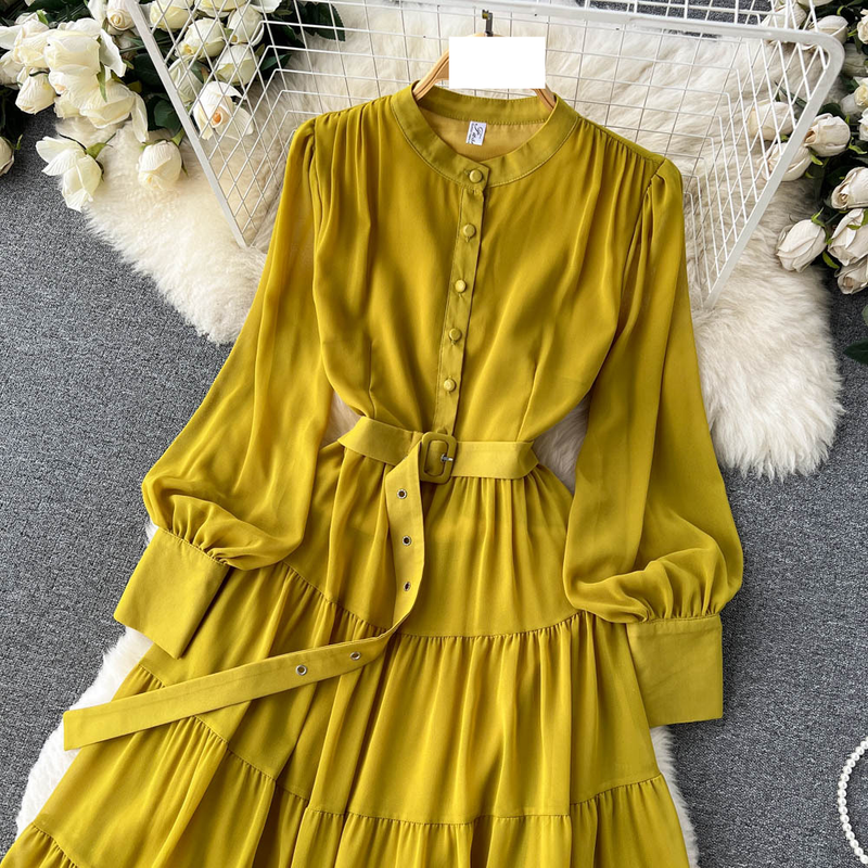 Women's V-neck Single Breasted Chiffon French Vintage Waist Slimming Big Swing A-line Long Skirt_autovado.com