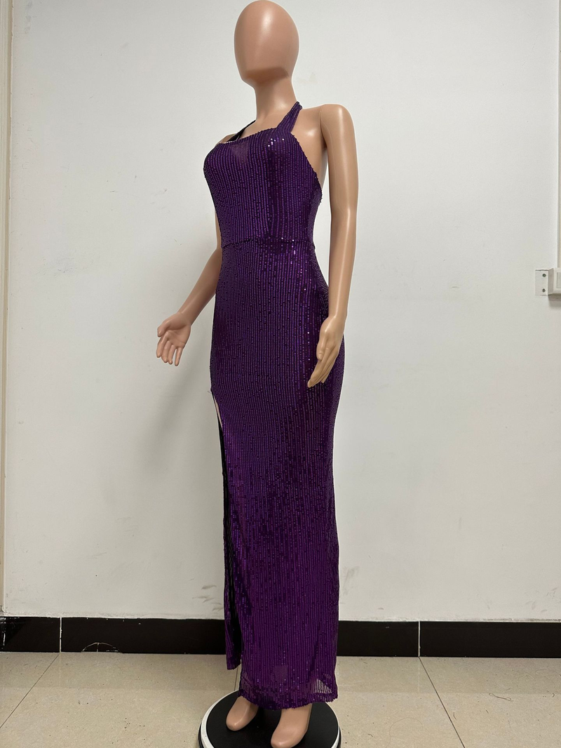Women's slit sleeveless hot girl dress female halter neck backless sequin dress skirt_autovado.com