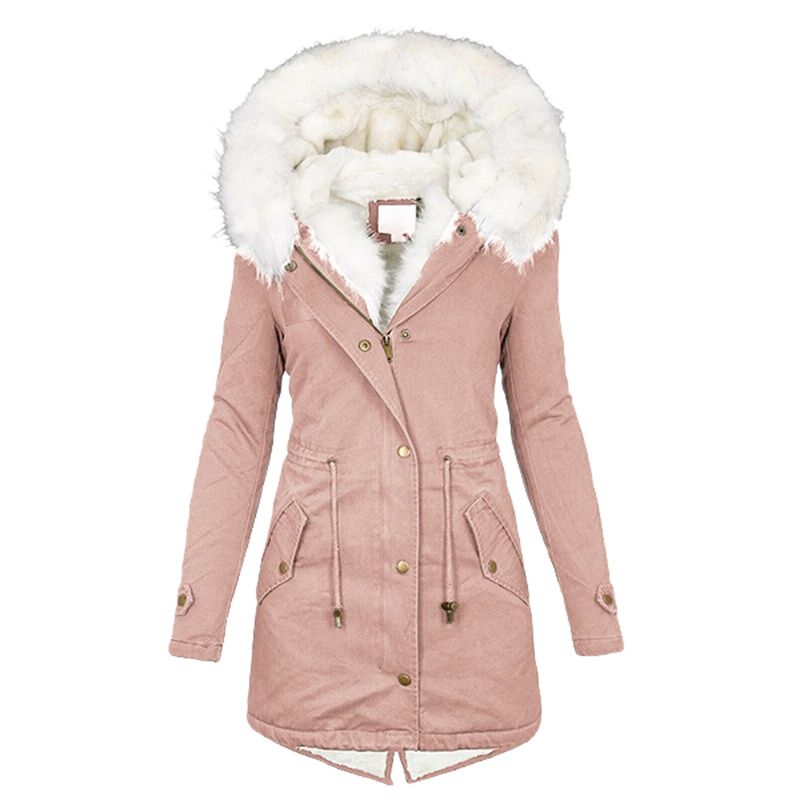 Women's Clothing Women's Autumn And Winter Mid Length Windbreaker White Fur Collar Hooded Warm Plus Velvet Women's Coat_autovado.com