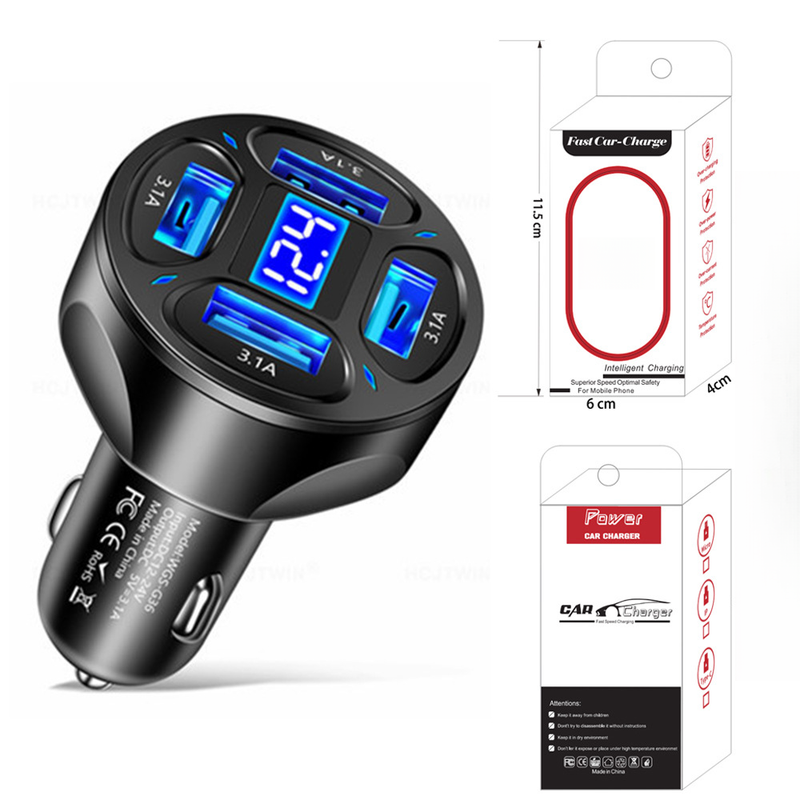 3.1A In Digital Display 4-Port Vehicle Charger With Voltage, One Pull Four Multi Port Car Charging_autovado.com