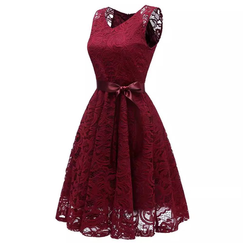 Women's Nordic small fresh V-neck mature women's big swing lace women's dress_autovado.com