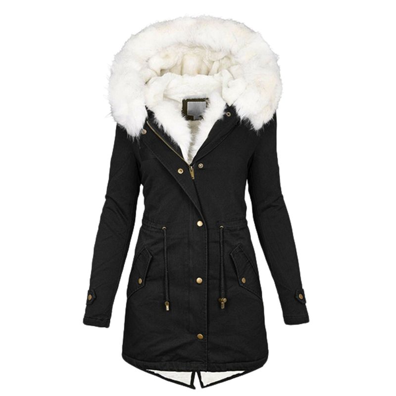 Women's Clothing Women's Autumn And Winter Mid Length Windbreaker White Fur Collar Hooded Warm Plus Velvet Women's Coat_autovado.com