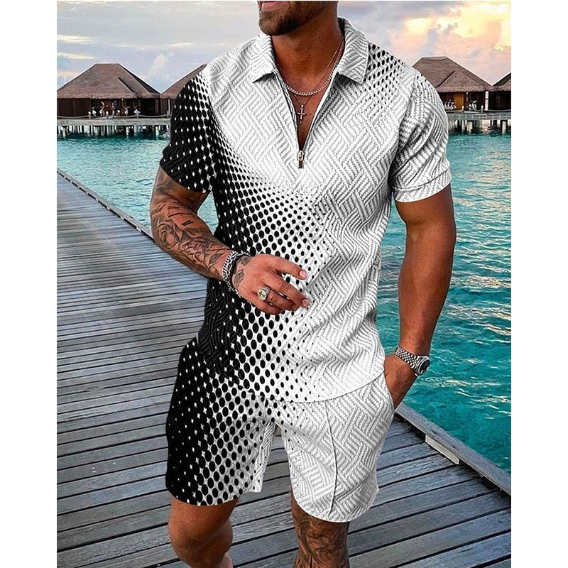 Men's Fashion Casual Suit 3D Printed Zipper Short Sleeve Polo Shirt Shorts 2-Piece Set_autovado.com