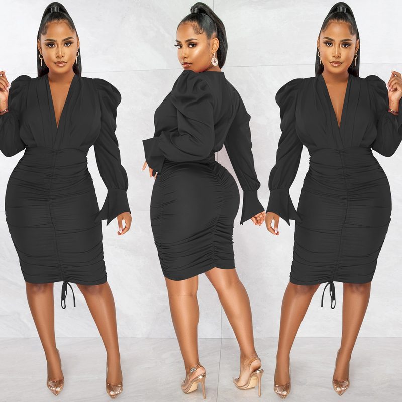 Women's Clothing fashion casual solid color long-sleeved pleated V-neck dress for women_autovado.com