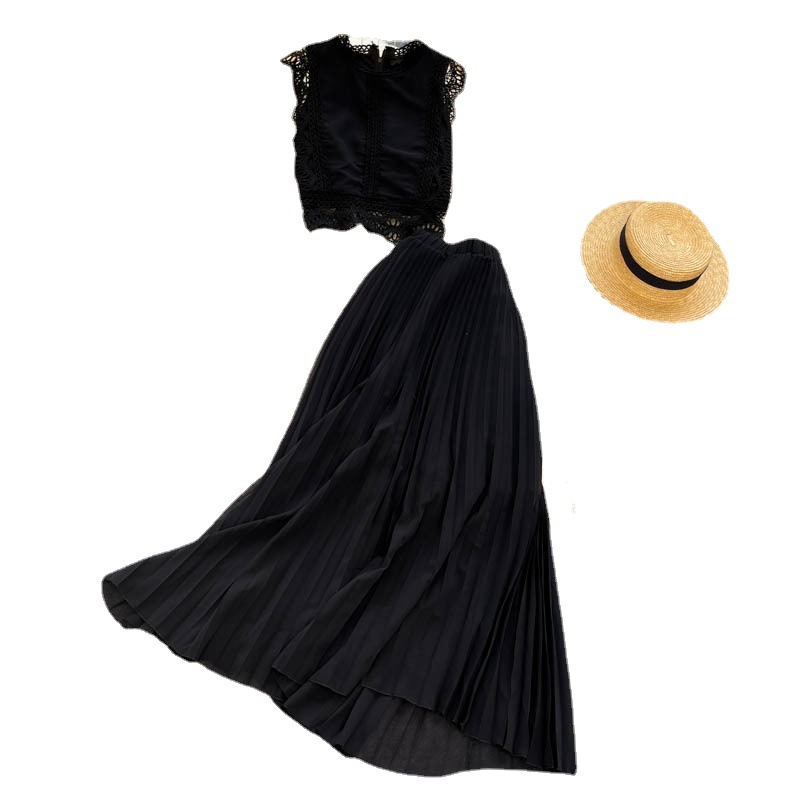 Women's fashion high-waisted lean pressed chiffon skirt two-piece set_autovado.com