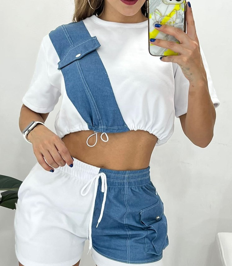 Women's Wholesale New Model Summer Imitation Denim Splicing Short Casual Suit_autovado.com