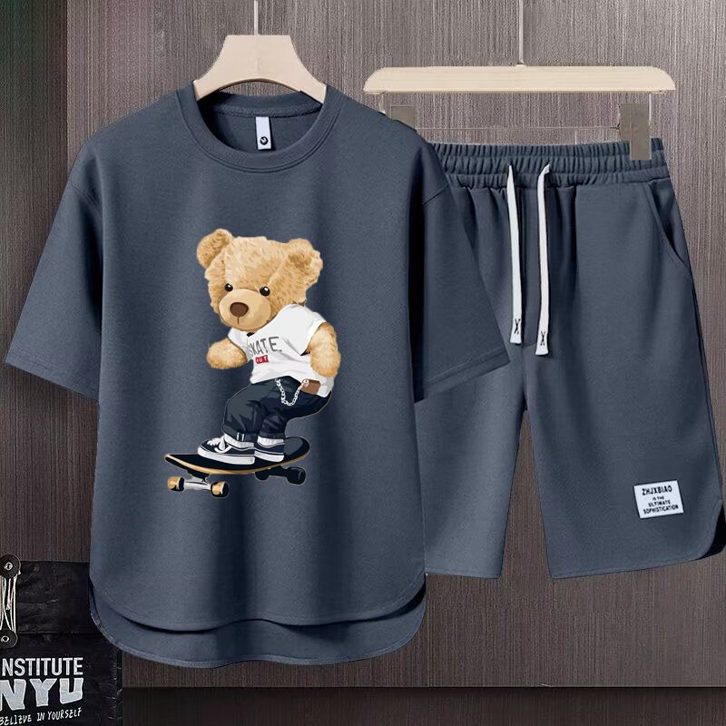 Men's Clothing 2024 Waffle Casual Summer Suit Men's Loose Teen Short sleeved T shirt Shorts Handsome Two piece Suit_autovado.com