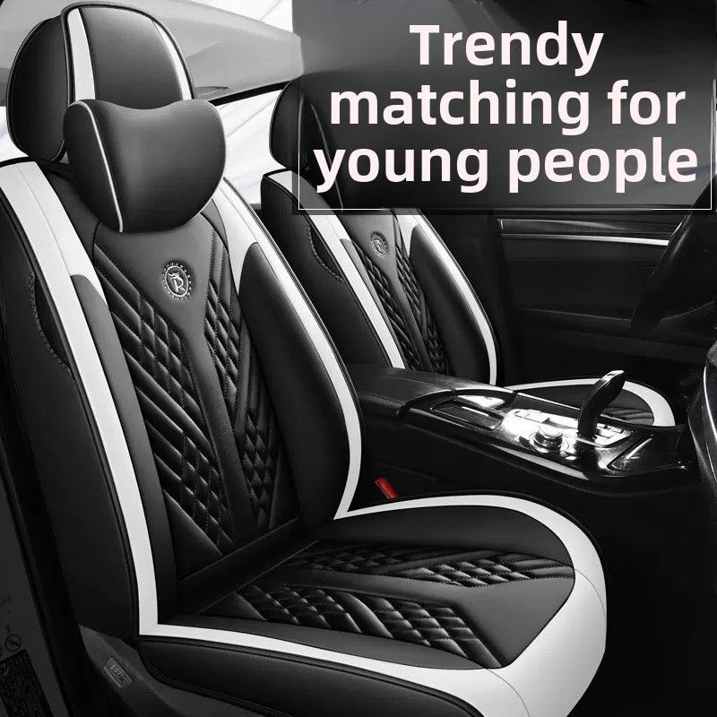 Fashion Sports Car Cushion Four Seasons Universal Full Surrounding High-end Leather Seat Cover Black and White Cushion Light Luxury Seat Cover_autovado.com
