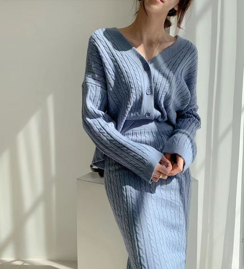 Women's Clothing elegant V-neck linen pattern knitted cardigan sweater + high waist sheath skirt_autovado.com