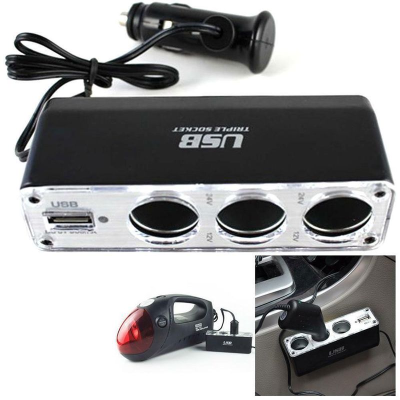 Car Charger, 12V Cigarette Lighter, One In Three, With USB Multifunctional Vehicle Conversion Plug And Socket_autovado.com