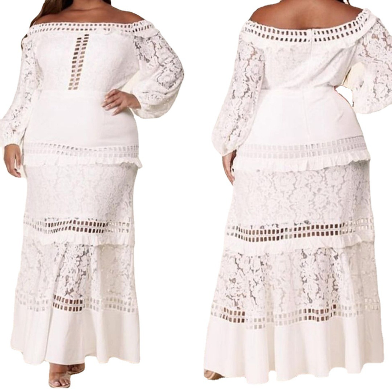 Women's lace dress line shoulder lotus wedding gown evening gown banquet dress_autovado.com