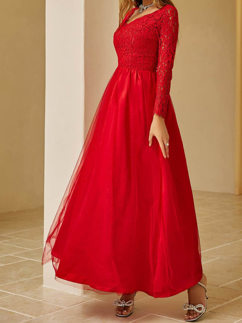 Women's new clothing mesh lace long sleeve wedding wedding dress red evening dress_autovado.com