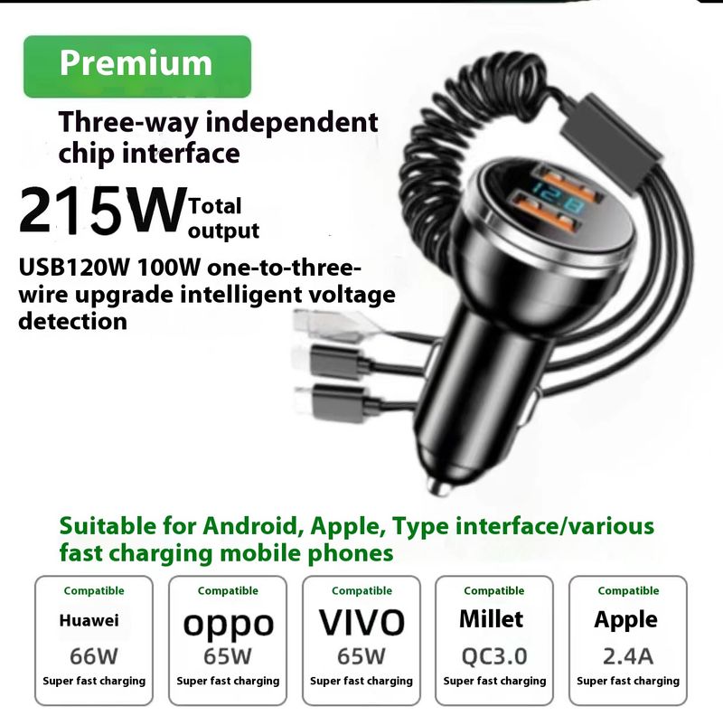New digital car charger with one to three cable 100W super fast charging_autovado.com