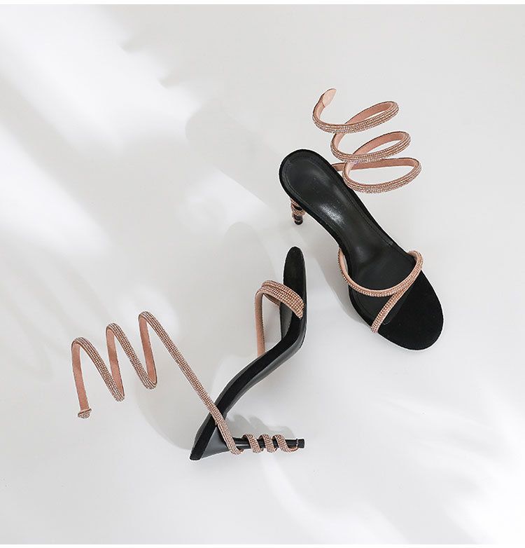 Women's fashion black gold open-toed serpentine loop sandals with fine heels and high heels_autovado.com