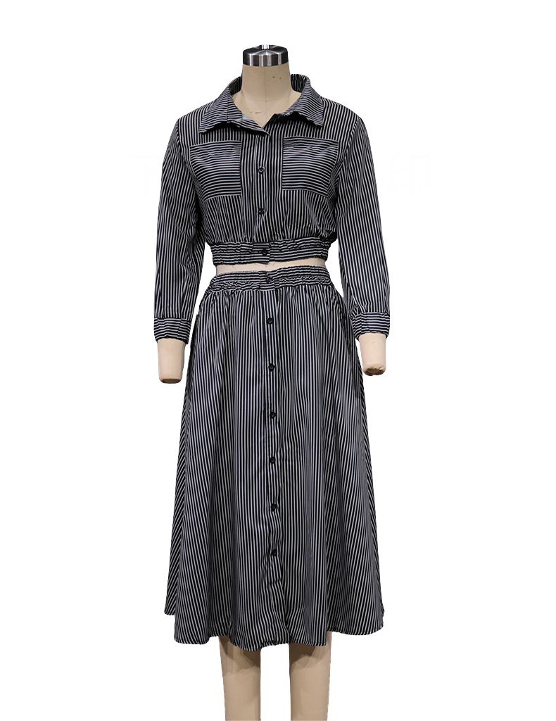 Women's Clothing Fashion Style Long Sleeve Striped Shirt Set Skirt Two Piece Set_autovado.com