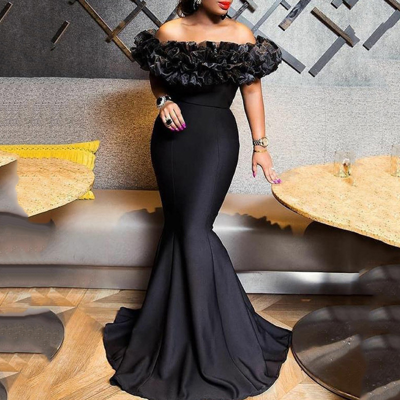 Women's Ruffle One Shoulder Slim Small Trailing Dresses_autovado.com