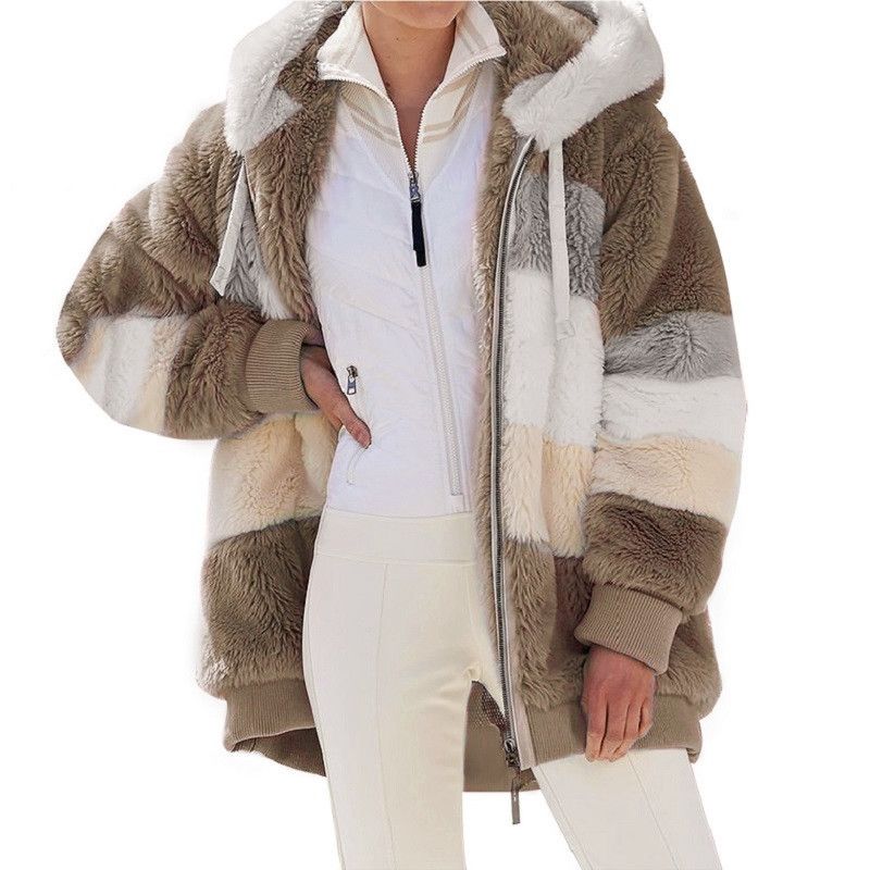 Women's Clothing autumn and winter warm plush patchwork zipper pocket hooded loose coat _autovado.com