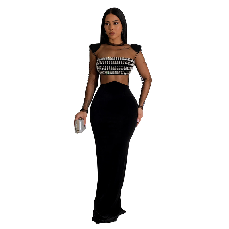 Women's solid color mesh rhinestone long-sleeved long skirt dress_autovado.com