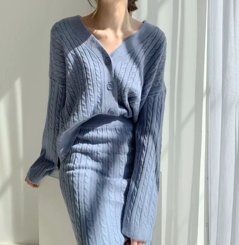 Women's Clothing elegant V-neck linen pattern knitted cardigan sweater + high waist sheath skirt_autovado.com