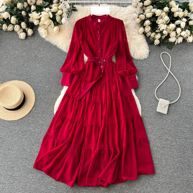 Women's V-neck Single Breasted Chiffon French Vintage Waist Slimming Big Swing A-line Long Skirt_autovado.com