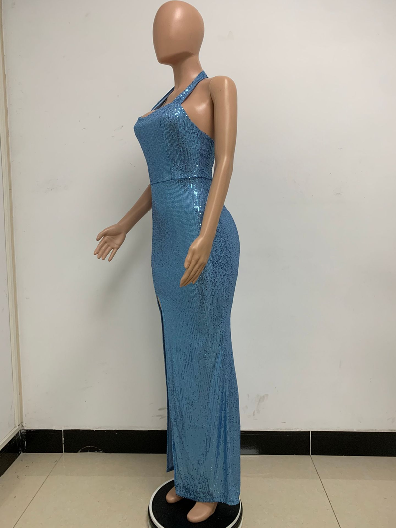 Women's slit sleeveless hot girl dress female halter neck backless sequin dress skirt_autovado.com