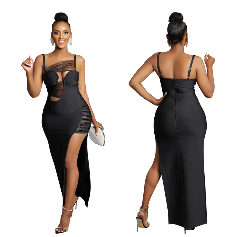 Women's Clothing fashion women's solid color mesh hollow bandage long skirt dress_autovado.com