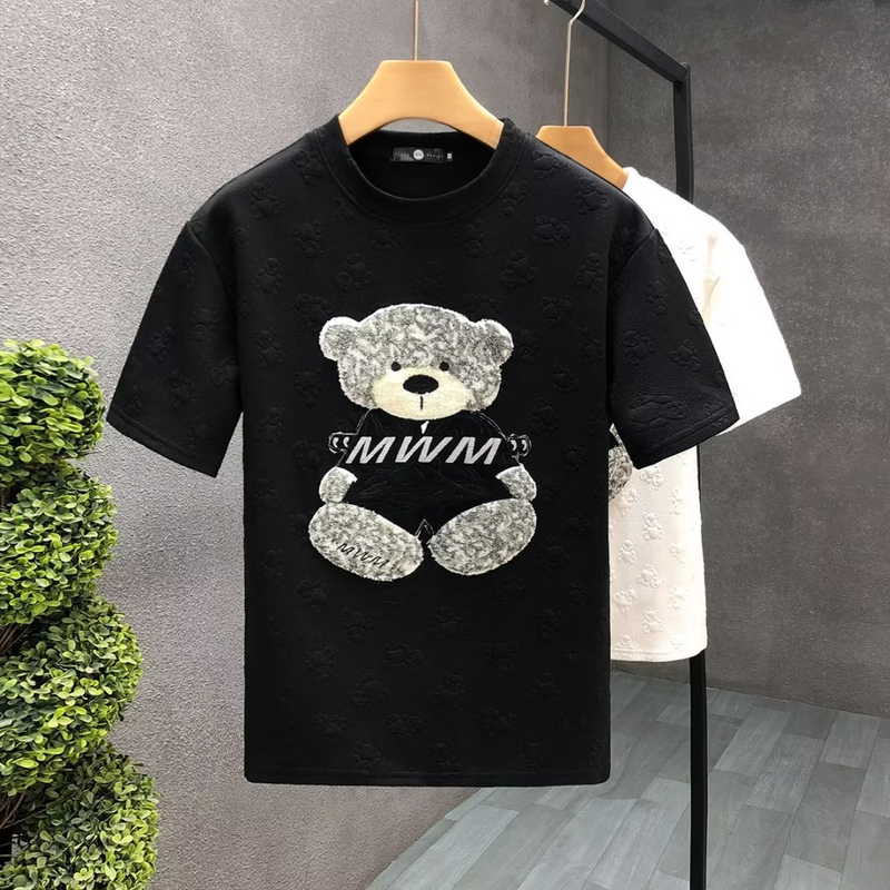 Men's clothing Bear embroidered short-sleeved T-shirt for young men handsome round neck T-shirt summer new men's cartoon_autovado.com