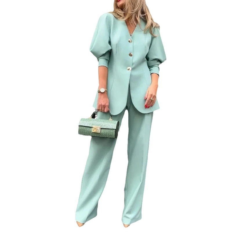 Women's fashion solid color lantern sleeve loose suit temperament commuting suit_autovado.com