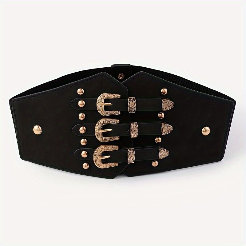 HOT Vintage Rivet Studded Waistband Gothic Triple Buckle Wide Classic Corset Waspie Belts Dress Coat Girdle For Women Girls_autovado.com