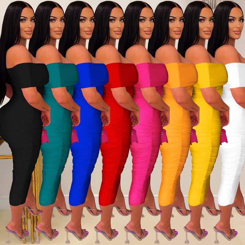 Women's solid color pleated sleeveless long skirt tube top dress_autovado.com