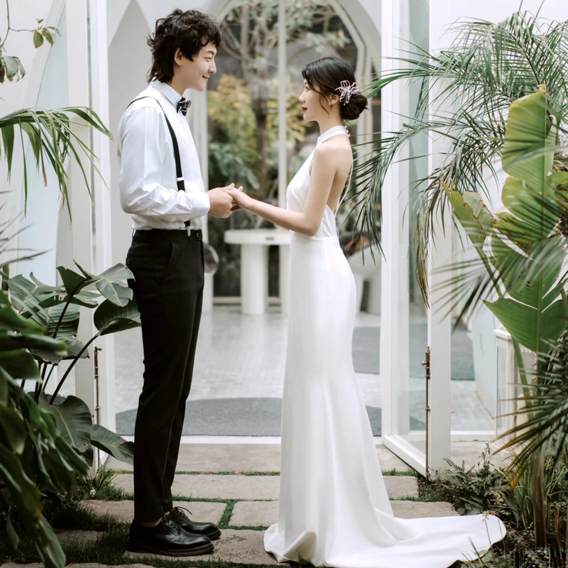 women's wedding dress simple temperament, satin halter neck dress, super fairy travel photo, door veil, celebrity banquet evening dress_autovado.com
