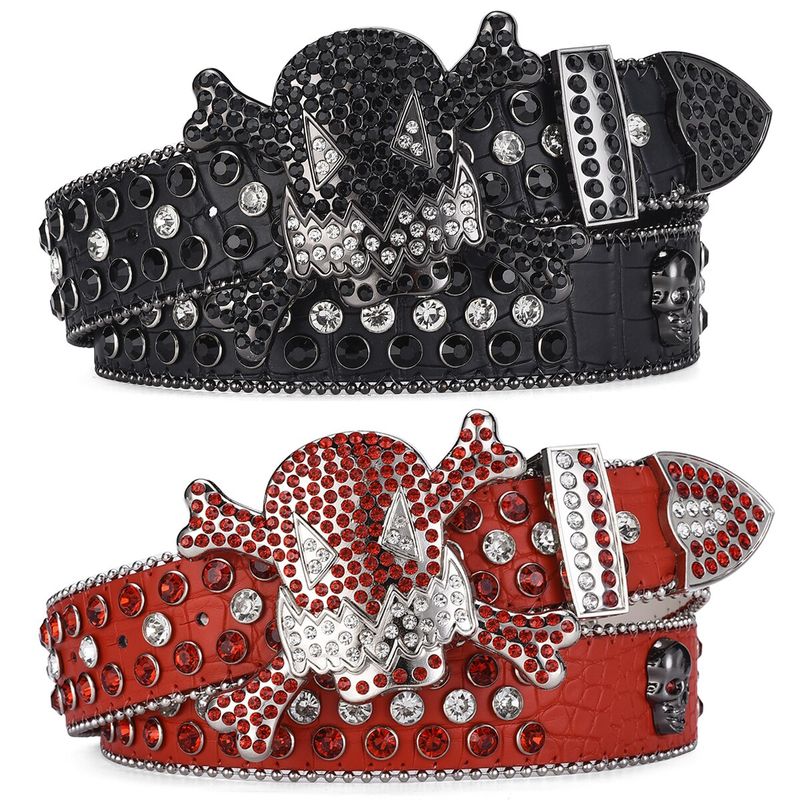 HOT Women's Jeans Skull Head Buckle Rhinestone Y2K Shiny Rivet Design Pu Artificial Diamond Punk Rock Men's Belt_autovado.com