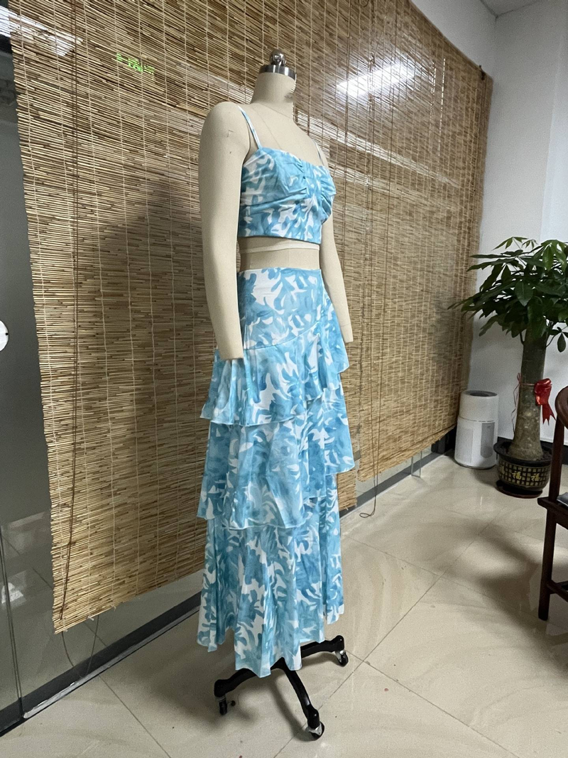 Women's clothing new suspender chest wrap printed sleeves backless tops slit two piece set_autovado.com