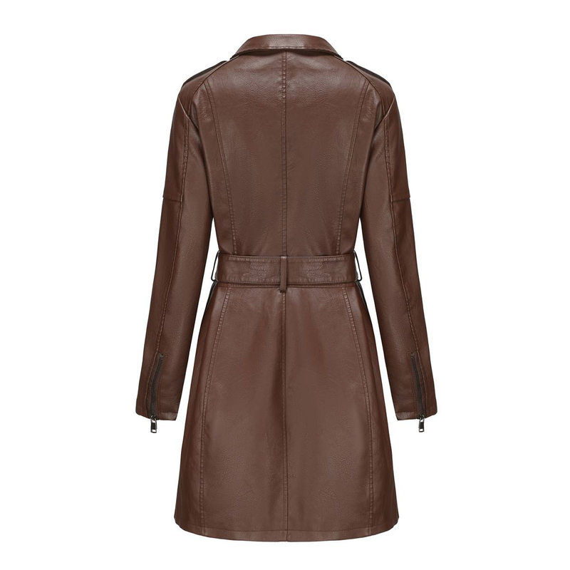 New mid-length leather coat with belt long-sleeved leather trench coat fashionable coat woman_autovado.com