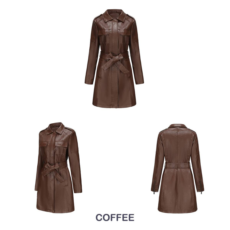 New mid-length leather coat with belt long-sleeved leather trench coat fashionable coat woman_autovado.com