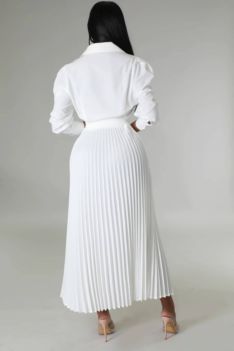 Long sleeved Polo collar high waist fashion casual pleated women's dress_autovado.com