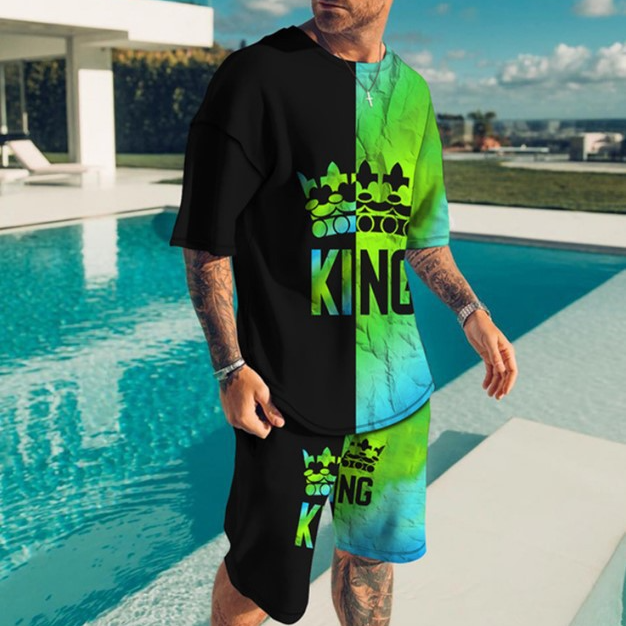 Men's Clothing shorts loose casual short-sleeved suit color matching KING printed T-shirt_autovado.com
