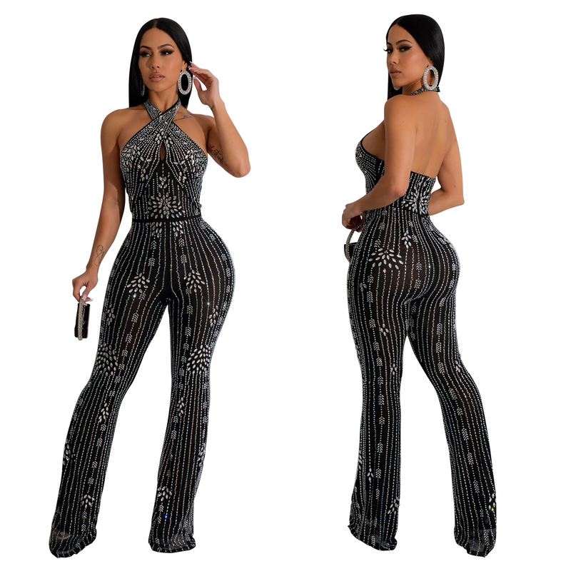 Women's solid color hot diamond sleeveless halterneck trousers jumpsuit_autovado.com