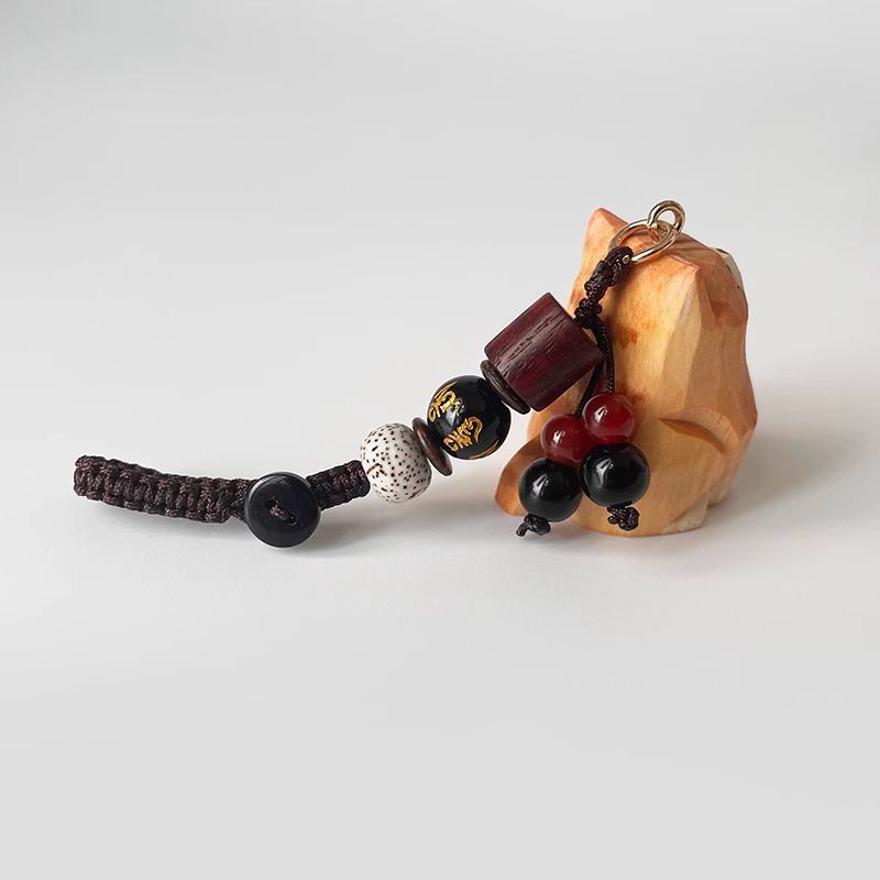 Hand Carved Wood Carved Orange Cat Shiba Inu Mi Ping An Six Character Mantra Woven Keychain Chain Ring Car Schoolbag Pendant Ornament_autovado.com