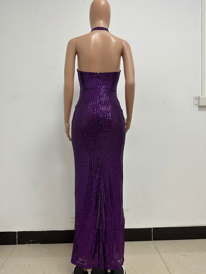 Women's slit sleeveless hot girl dress female halter neck backless sequin dress skirt_autovado.com