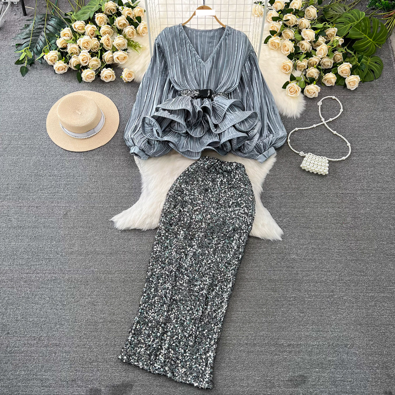 Women's fashion set female socialite temperament lantern long sleeve V-neck lotus leaf bright face shirt women's high waist sequin skirt_autovado.com