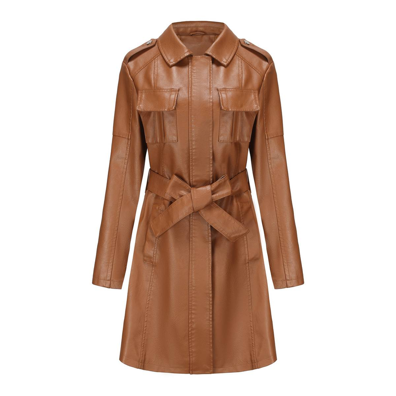 New mid-length leather coat with belt long-sleeved leather trench coat fashionable coat woman_autovado.com