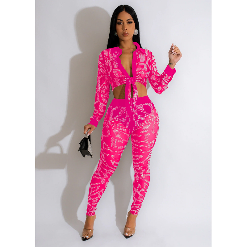 Women's Clothing fashion women's solid color mesh hot diamond long-sleeved trousers two-piece set_autovado.com