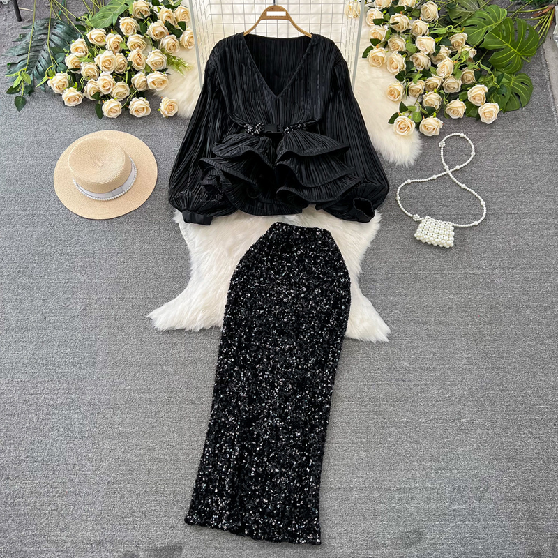Women's fashion set female socialite temperament lantern long sleeve V-neck lotus leaf bright face shirt women's high waist sequin skirt_autovado.com