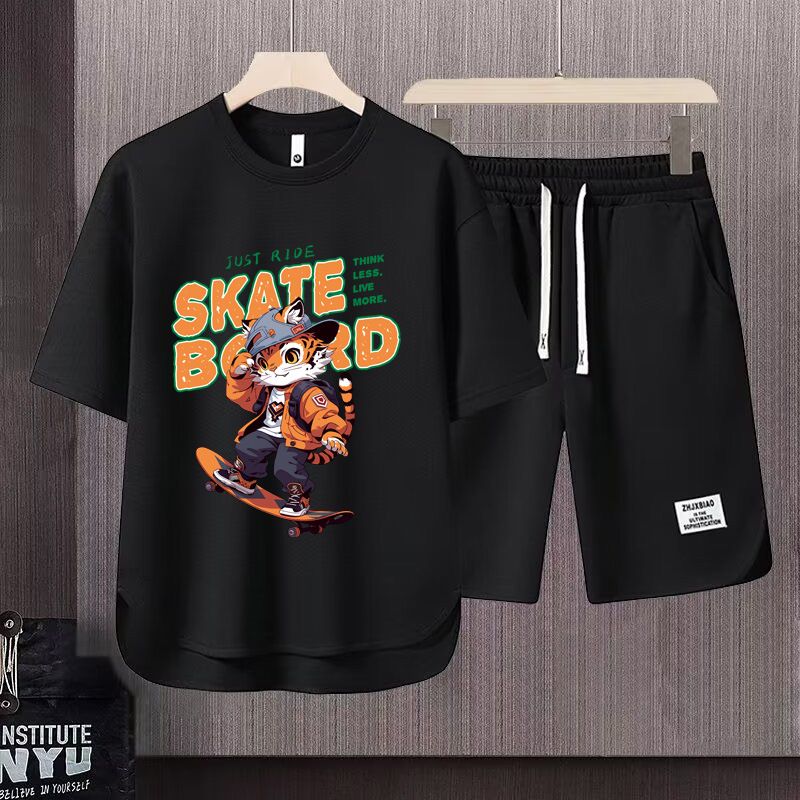 Men's Clothing 2024 Waffle Casual Summer Suit Men's Loose Teen Short sleeved T shirt Shorts Handsome Two piece Suit_autovado.com