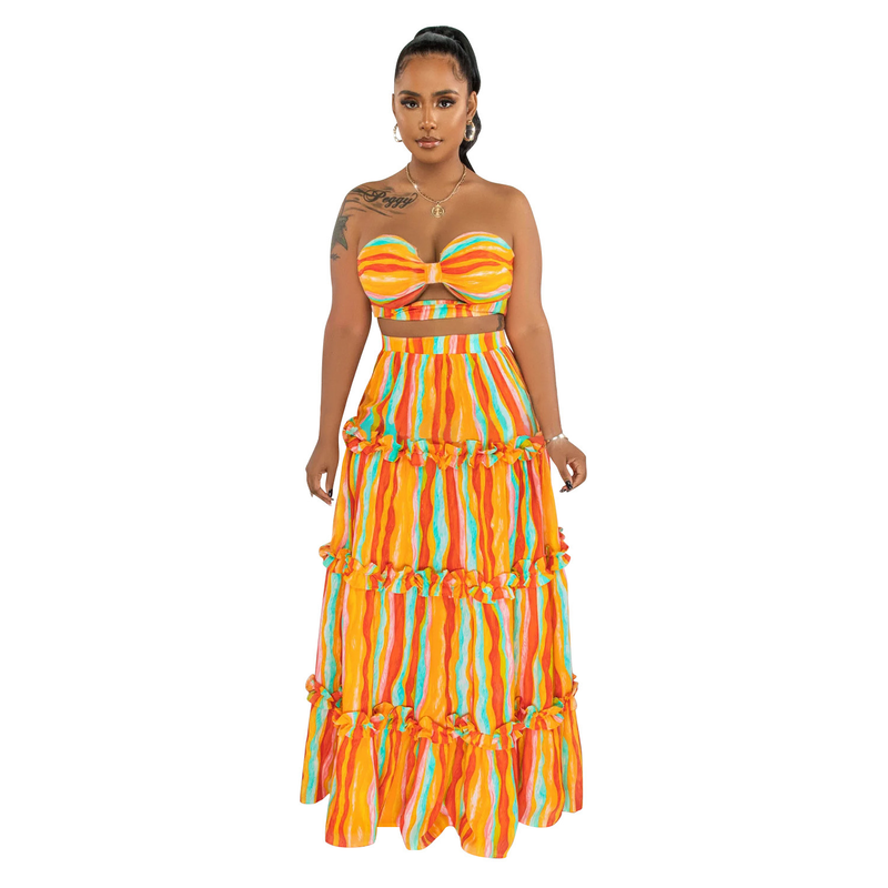 Women's Clothing fashion women's sleeveless tube top striped printed long skirt two-piece set_autovado.com