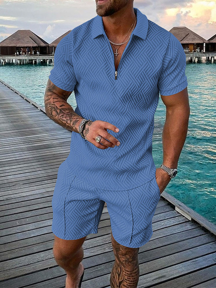 Men's Fashion Casual Suit 3D Printed Zipper Short Sleeve Polo Shirt Shorts 2-Piece Set_autovado.com