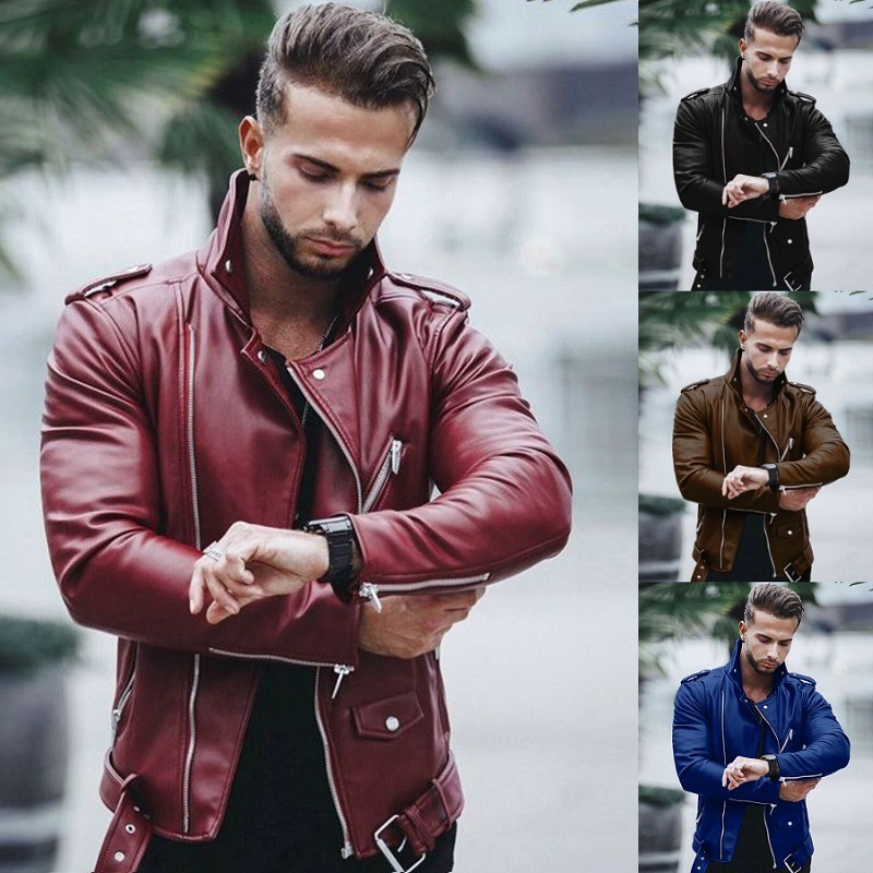 Men's autumn and winter new leather jacket with fashionable lapel zipper motorcycle leather jacket_autovado.com