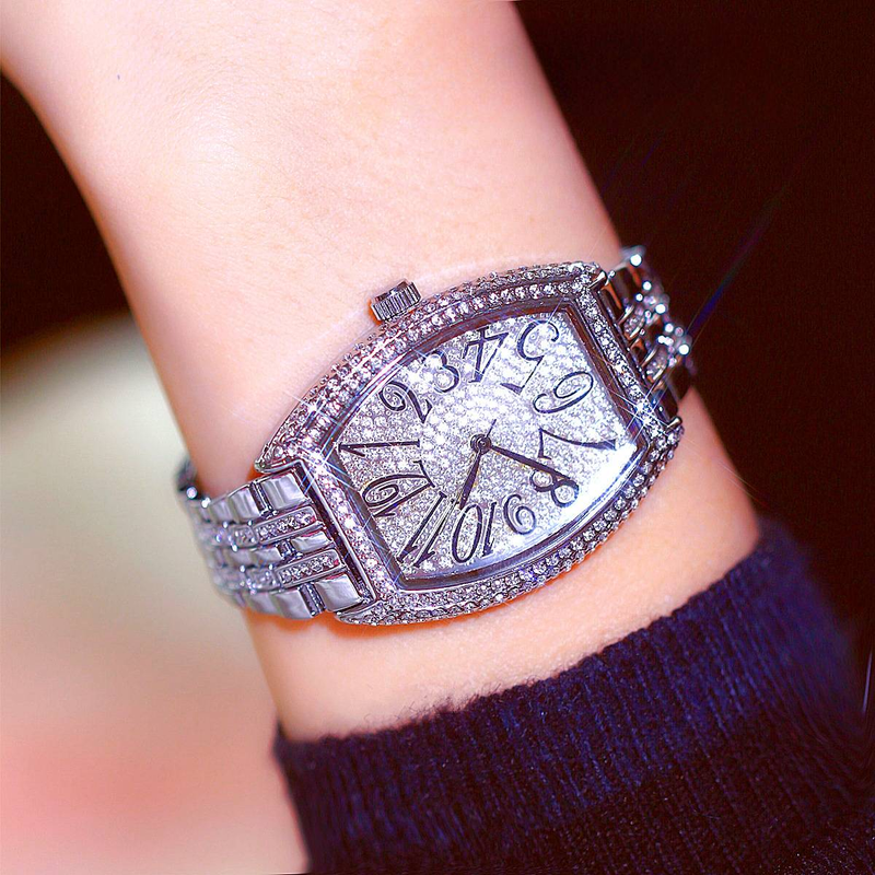 Classic barrel shaped full diamond inlaid luxury women's watch, banquet party jewelry_autovado.com